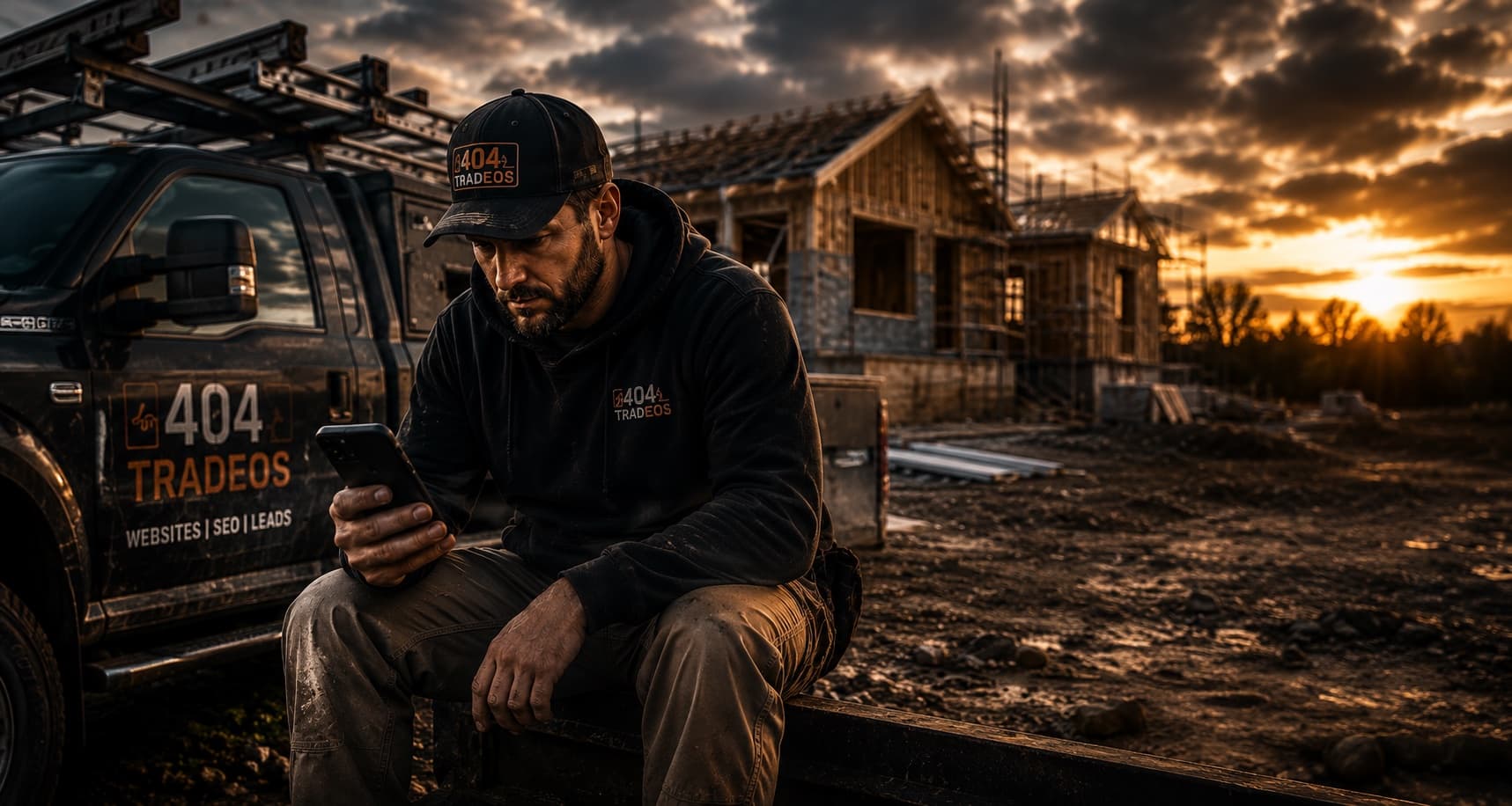 404 TradeOS contractor checking leads on his phone beside his branded truck at a jobsite